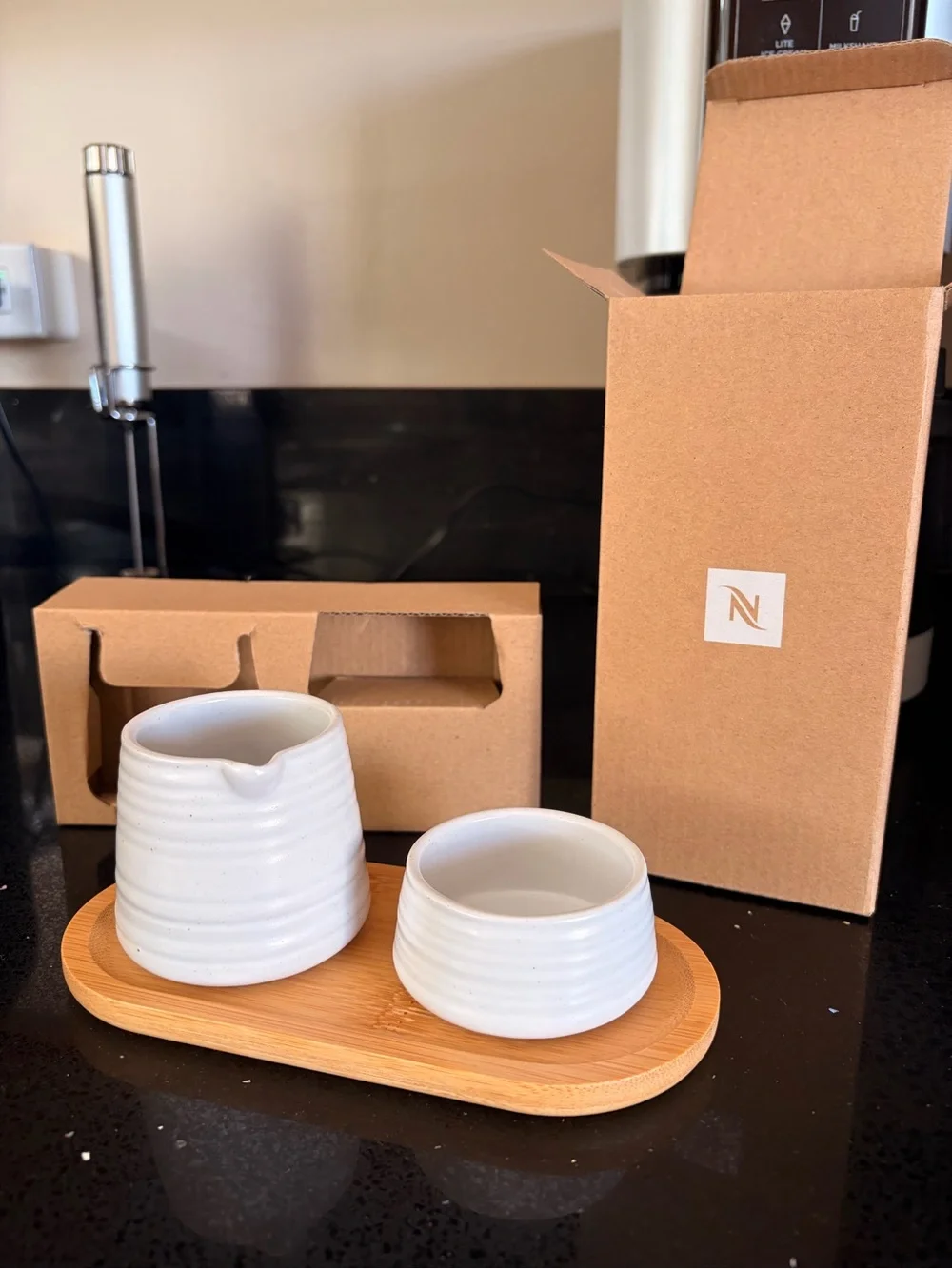 Nespresso White Ceramic Creamer and Sugar Bowl Set with Bamboo Tray